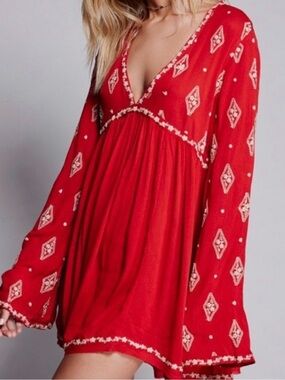 Free People Diamond Embroidered Tunic dress Bohemian Red White Small